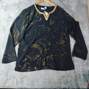 Galaxy Womens Gold Abstract Tunic Top 2 Long Sleeve Split Neck Artsy Festival